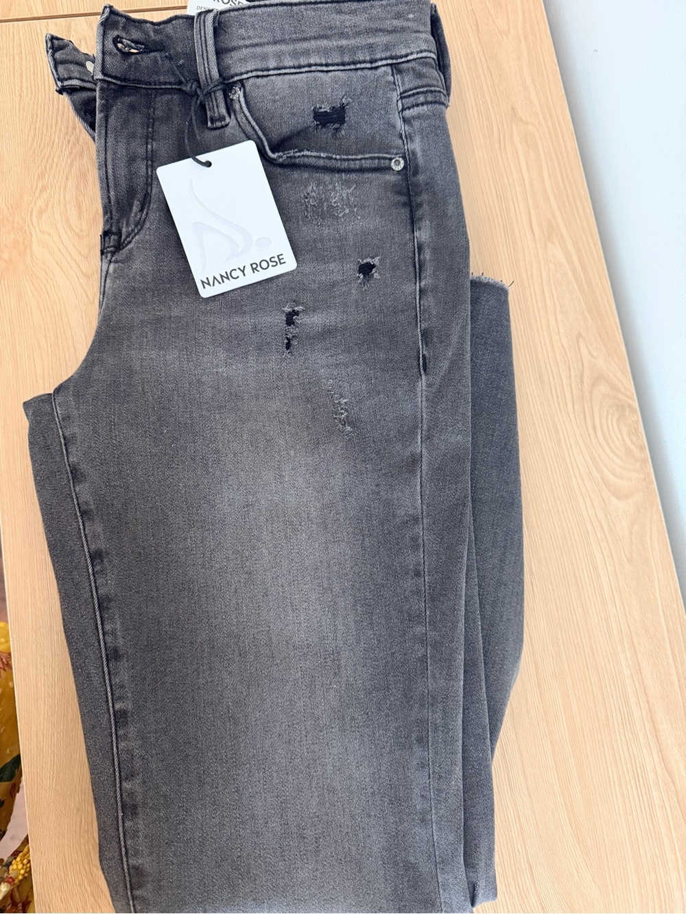 Nancy Rose Performance Charcoal Distressed Wide Leg Jeans